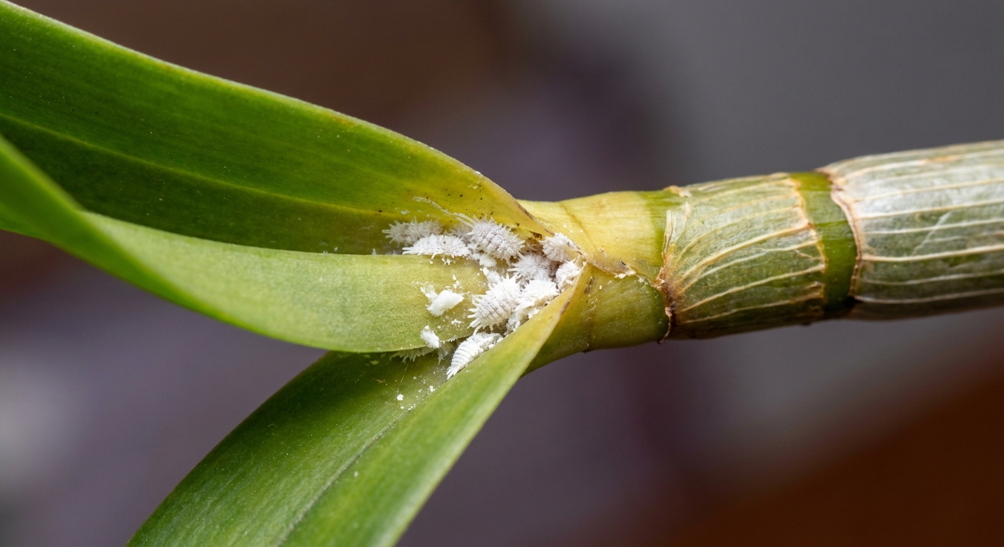 Close-up photo of white mealybugs clustered in the leaf joint of a reed-stem Epidendrum orchid cane