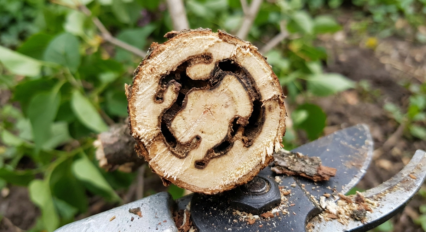Close-up photograph of a freshly cut lilac cane showing hollow tunneling and darkened feeding galleries inside the wood