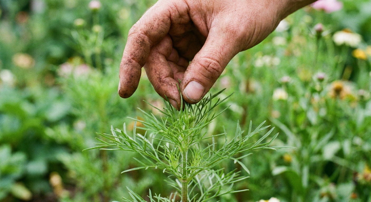 Close-up photograph of a gardener pinching the soft growing tip of a young cosmos plant in a backyard garden, with blurred green foliage in the background