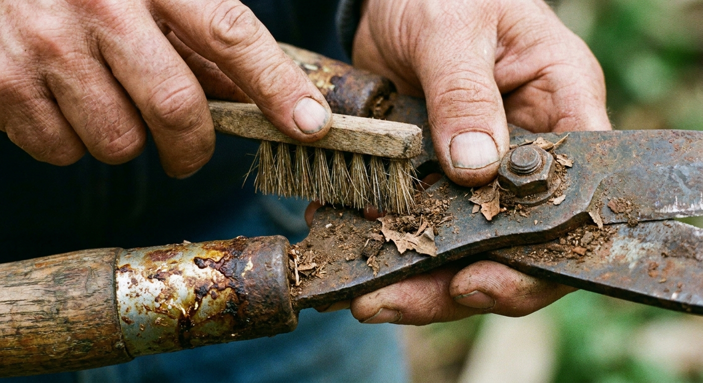 Close-up photograph of a gardener's hands using a small brush to clean dried plant debris from the pivot bolt area of long-handled loppers