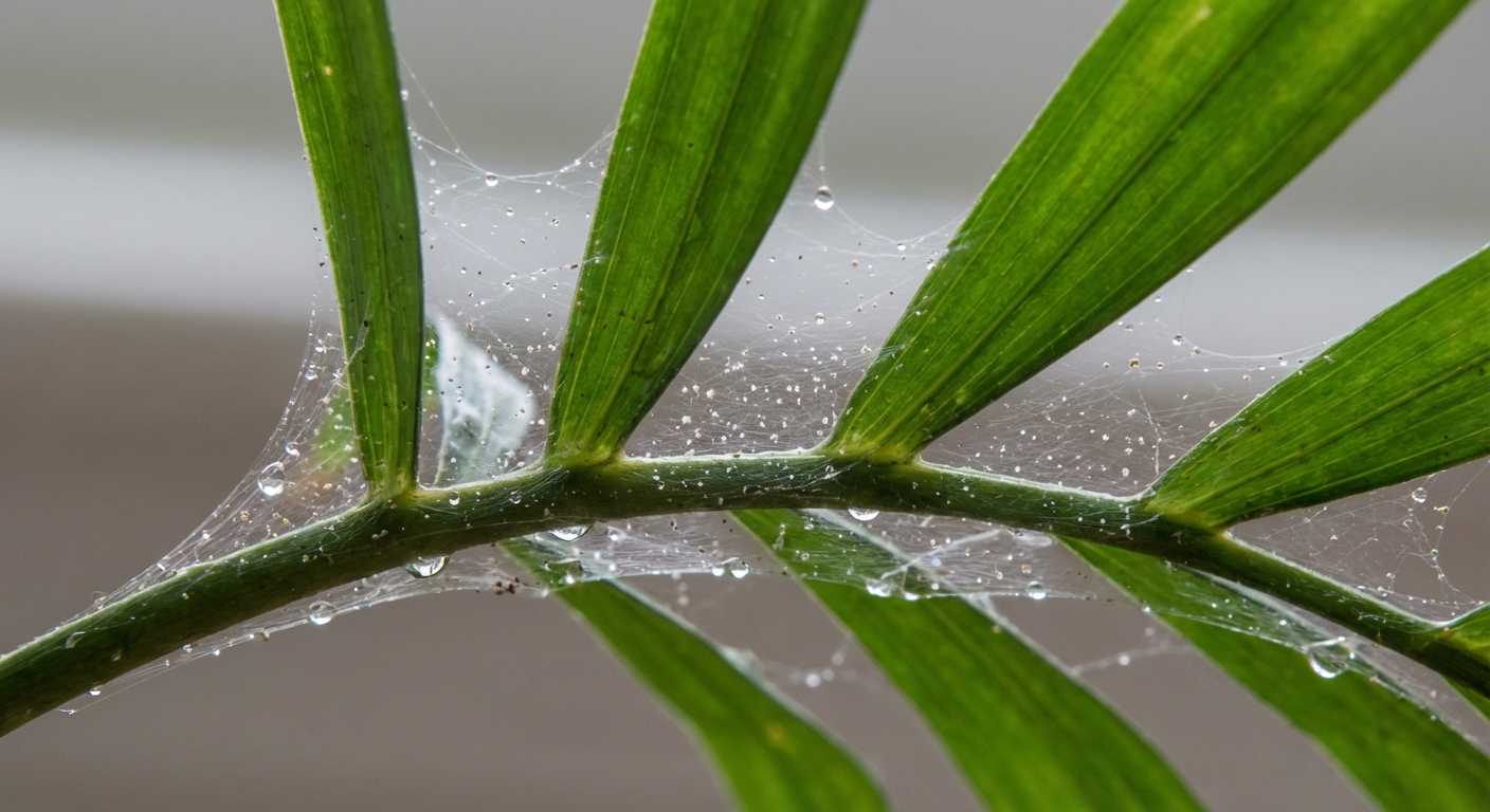 Close-up photograph of a palm frond with fine spider mite webbing near the leaf bases, natural indoor light, sharp macro detail, photorealistic
