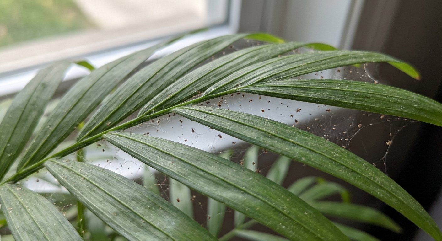 Close-up photograph of a parlor palm frond showing fine webbing and tiny spider mites near the leaflets, natural indoor light, high detail