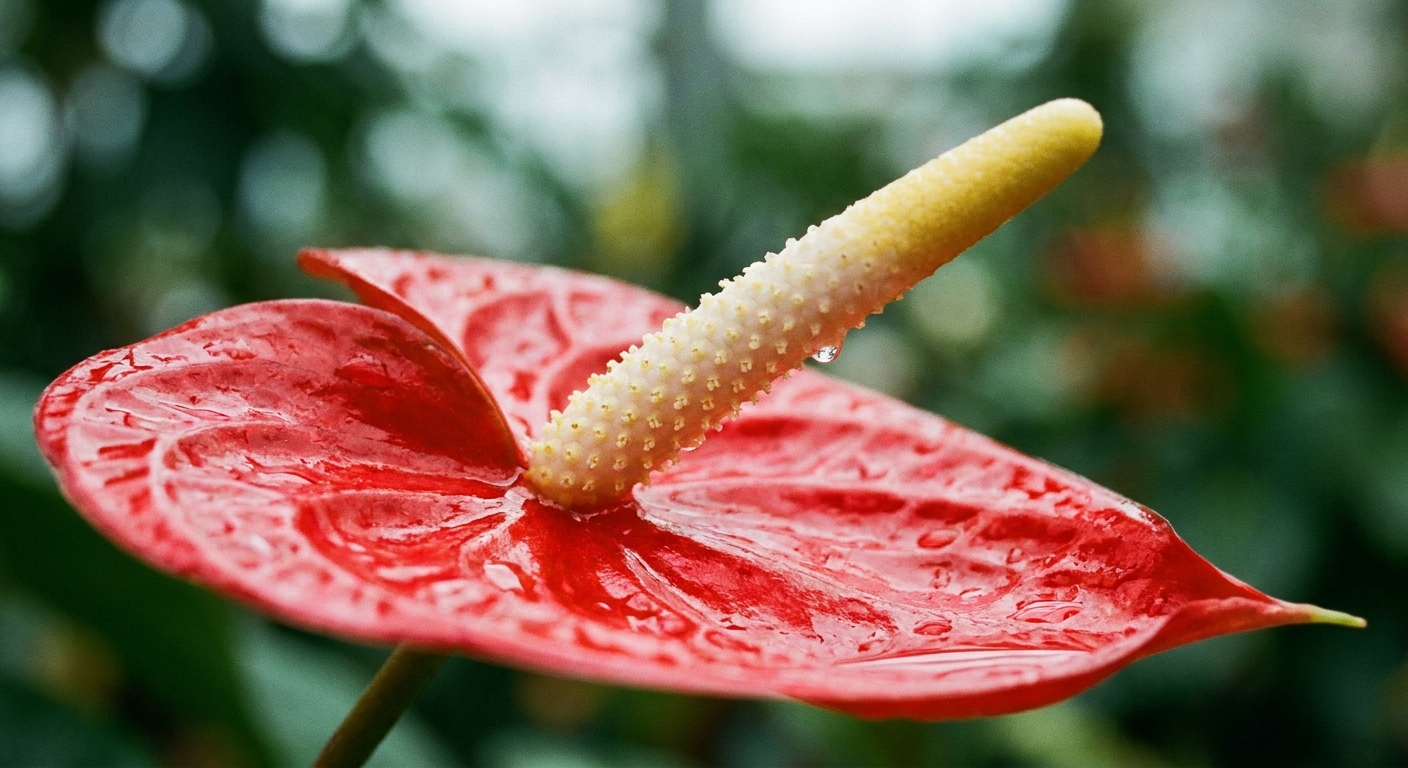 Close-up photograph of an anthurium bloom showing a red waxy spathe and a pale yellow spadix in sharp focus