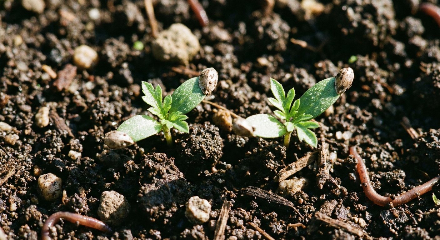 Close-up photograph of cosmos seedlings just emerging in a sunny garden bed, with two sets of delicate green leaves pushing through crumbly soil