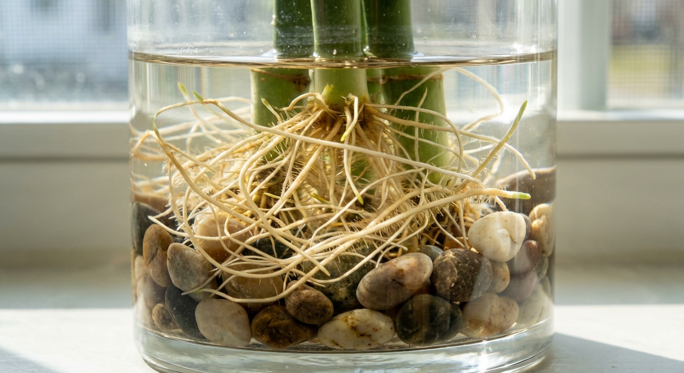 Close-up photograph of lucky bamboo roots in a clear glass container with smooth pebbles, showing healthy pale roots submerged in clear water under bright indoor light