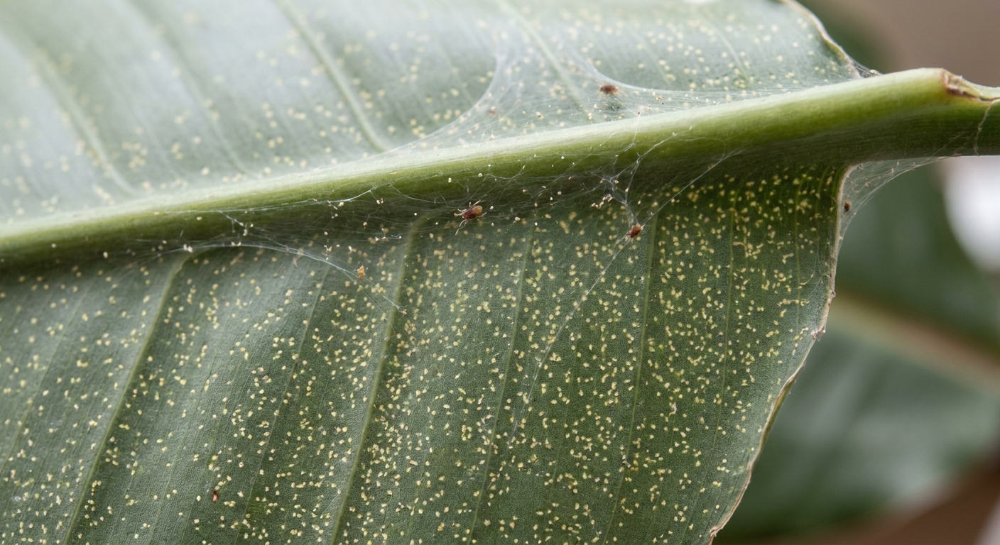 Close-up real photo of the underside of a Bird of Paradise leaf showing fine spider mite webbing and pale stippling