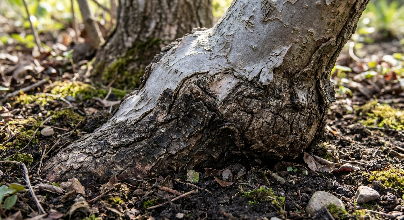 Closeup photo of a lilac trunk near the soil line showing a swollen graft union with a visible change in bark texture