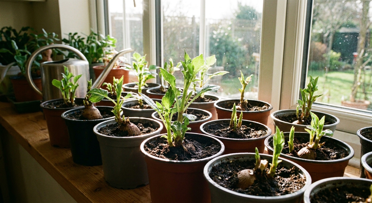 Dahlia tubers potted in small nursery pots indoors near a sunny window, with fresh green shoots emerging from the soil, realistic photo