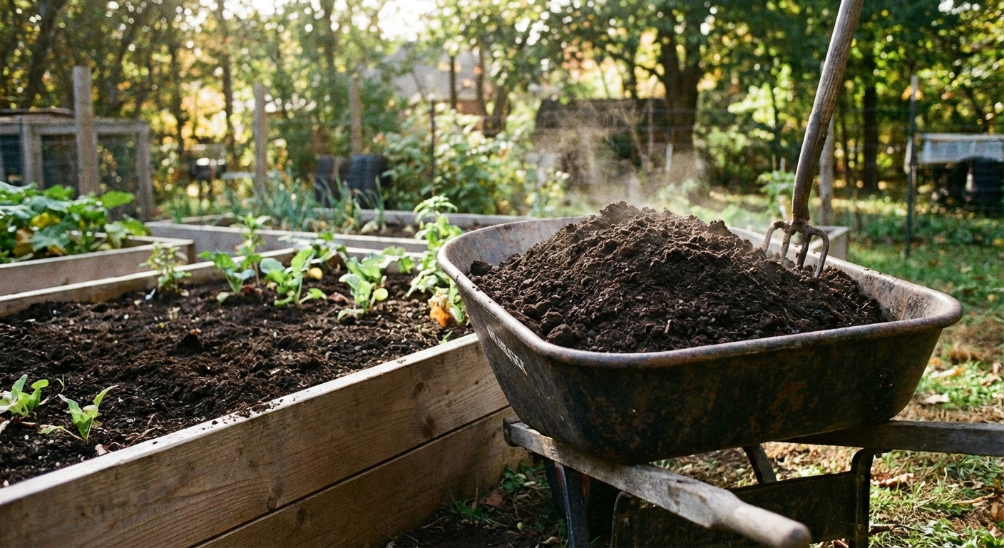 Dark, crumbly finished compost in a wheelbarrow beside a garden bed