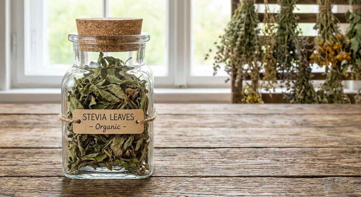Dried stevia leaves stored in a small glass jar