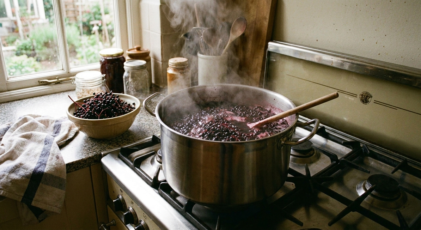 Elderberries simmering in a stainless steel pot on a home kitchen stove with steam rising