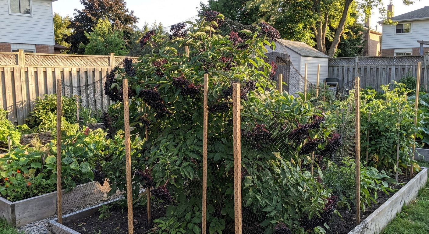 Elderberry shrub covered with bird netting secured over stakes in a backyard garden