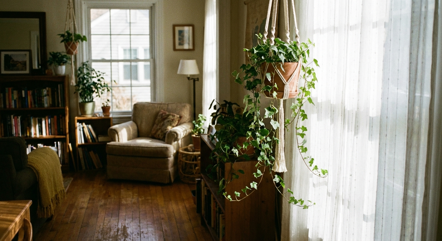 English ivy vines in a hanging planter positioned near an east-facing window with a sheer curtain filtering sunlight, realistic home interior photo