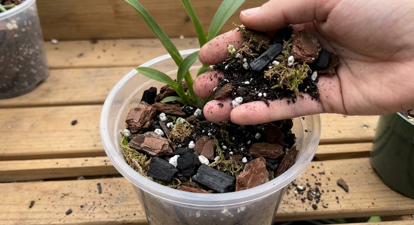 Filling a clear nursery pot with chunky aroid mix with large bark pieces visible