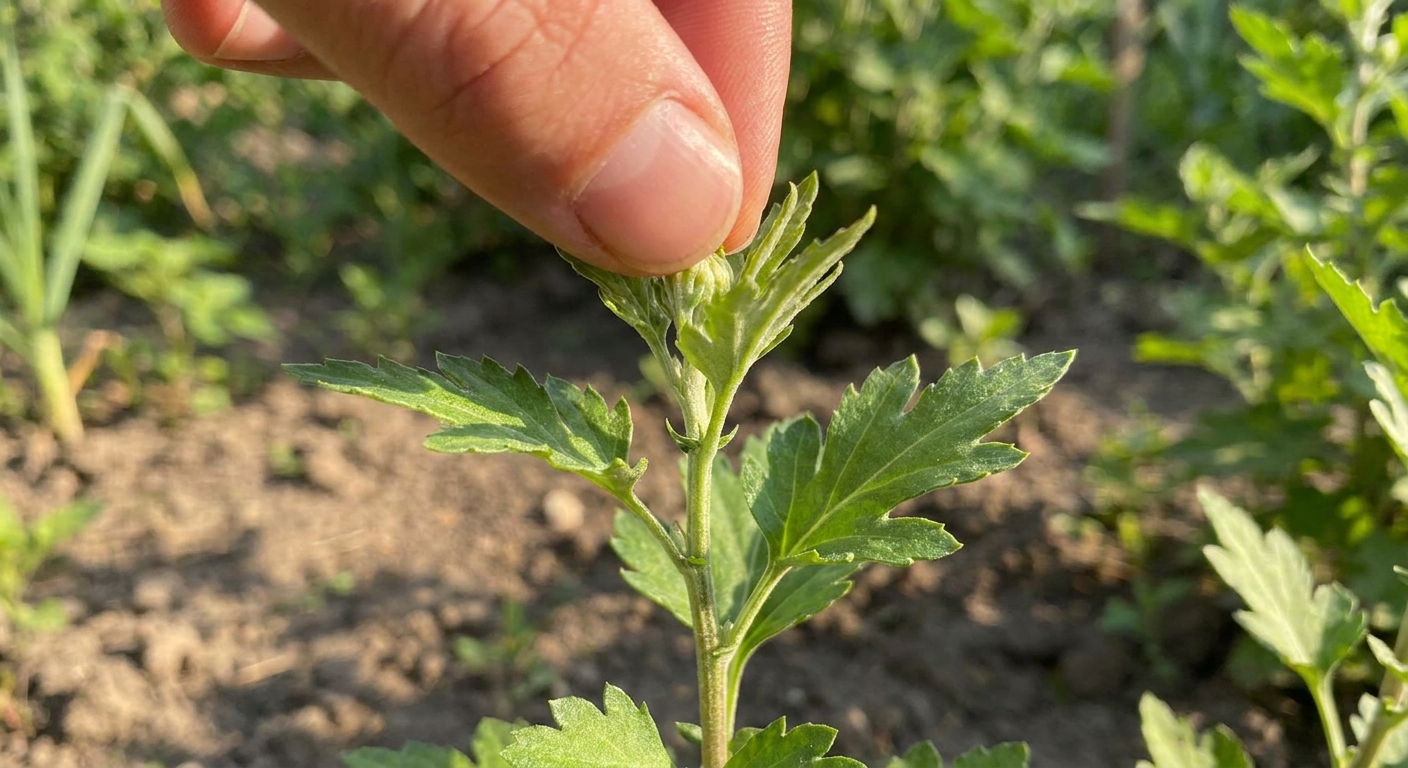 Fingers pinching the soft tip of a green chrysanthemum stem above a leaf node in a sunny garden