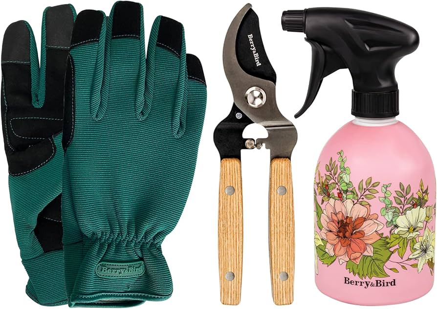 Flat lay of bypass pruners, loppers, pruning saw, thick gloves, disinfectant spray, and a sharpening stone, arranged clearly on a workbench.