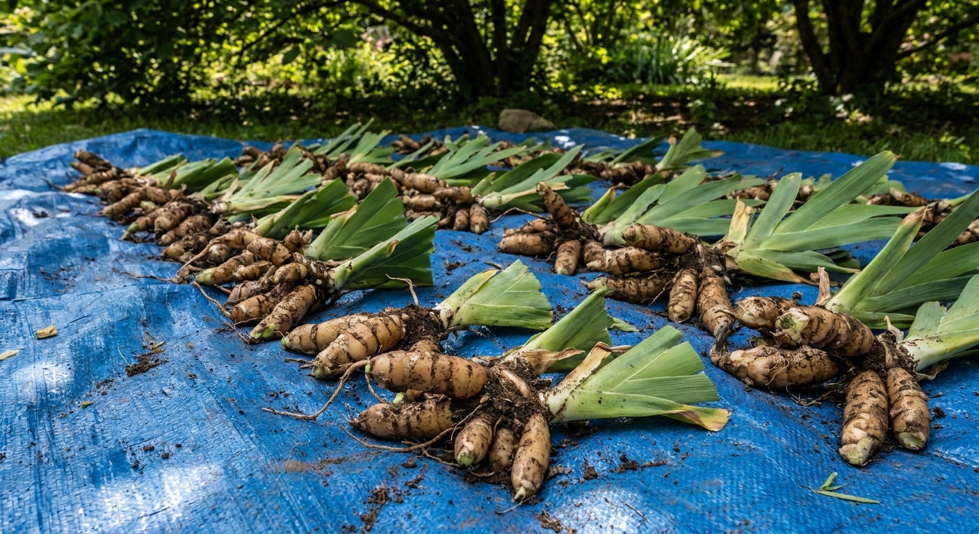 Freshly divided bearded iris rhizomes laid out to dry in the shade on a tarp