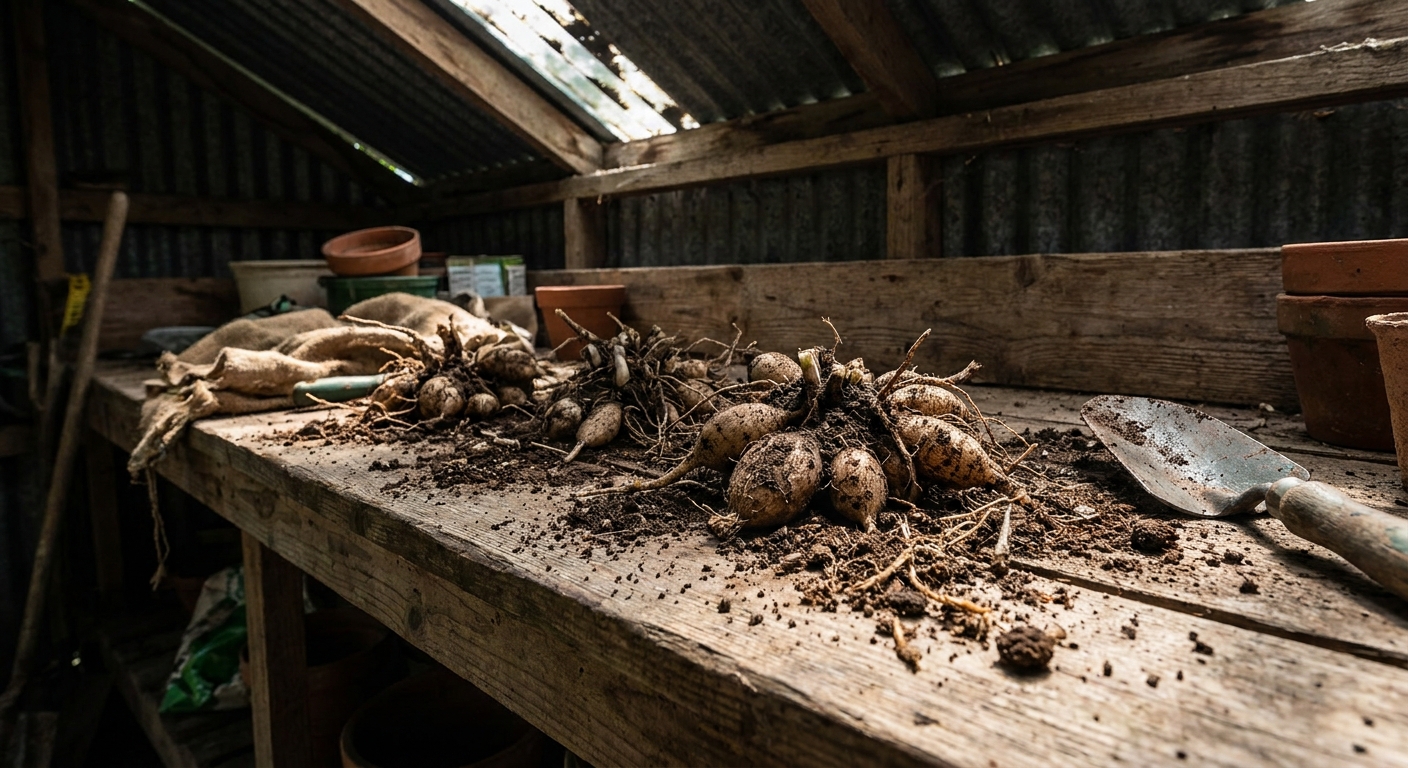 Freshly dug calla lily tubers drying on a wooden potting bench in a shaded shed, with loose soil crumbs visible