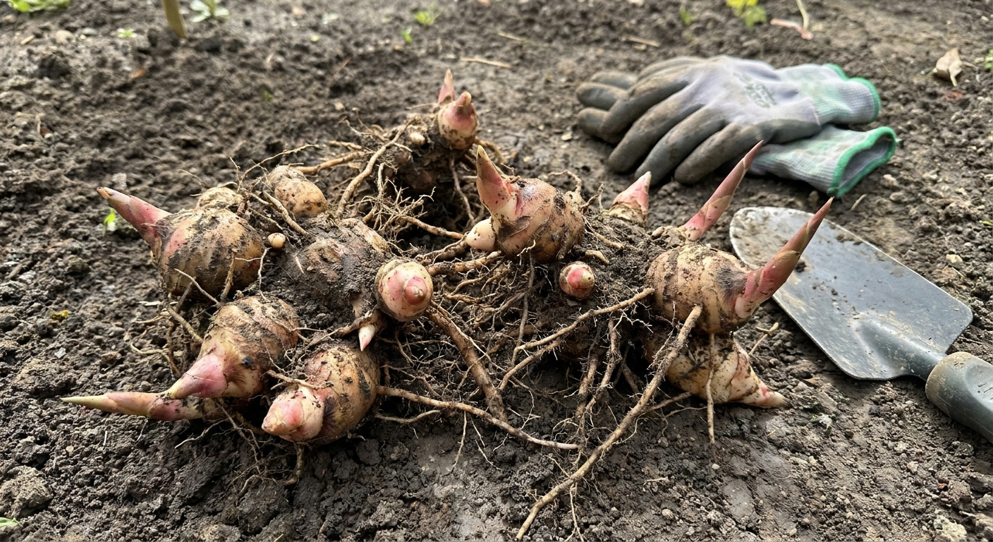 Freshly dug canna rhizomes on soil showing multiple growing points ready to be divided