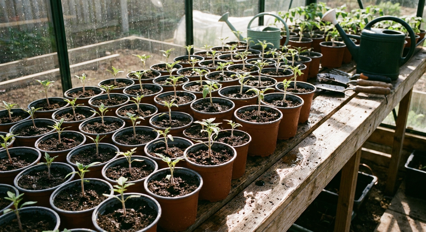 Freshly potted tomato seedlings in small nursery pots on a greenhouse bench, with moist soil and upright stems after transplanting