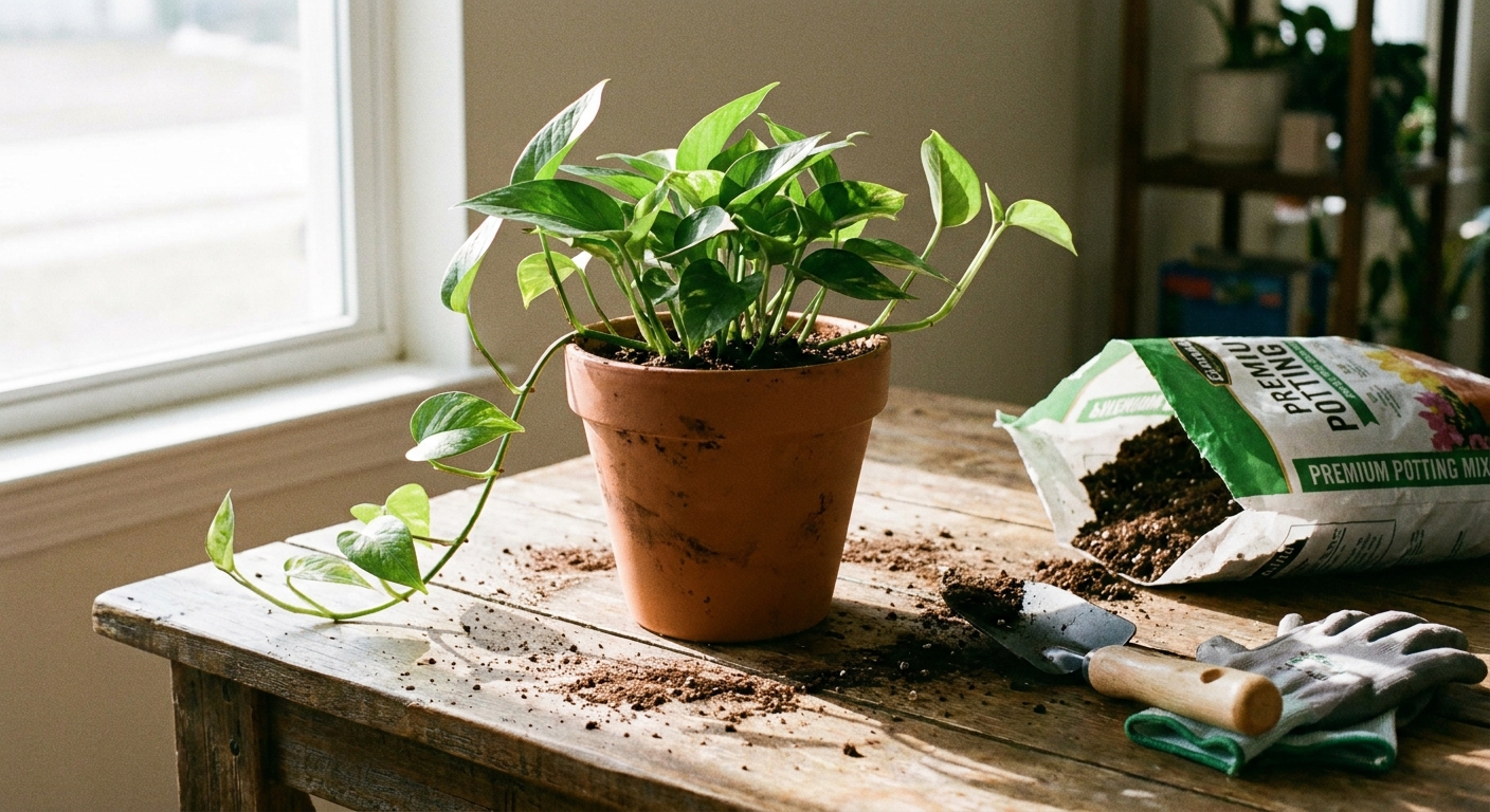 Freshly repotted pothos in a terracotta pot on a wooden table with potting mix nearby