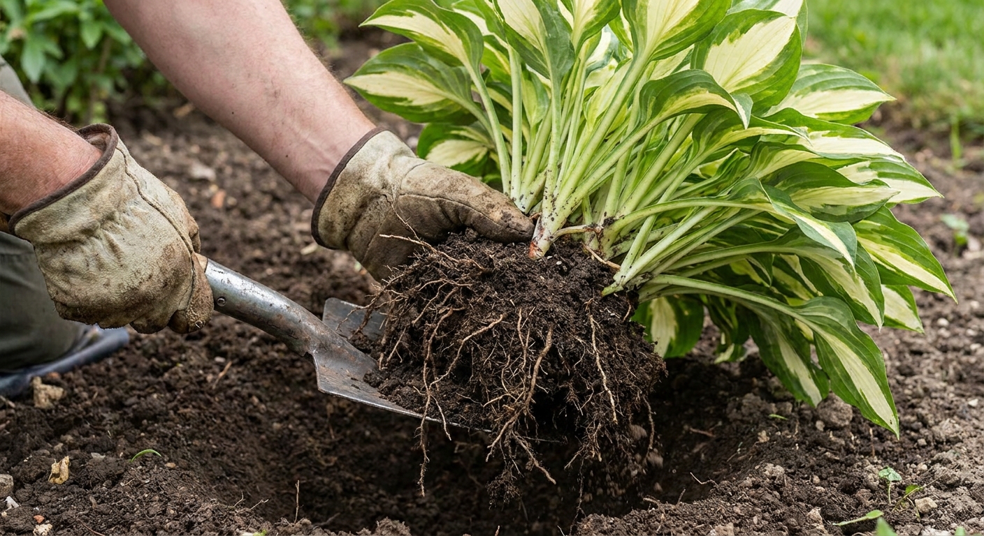 Gloved hands lifting a hosta clump from soil with a shovel, showing careful removal of the crown and roots