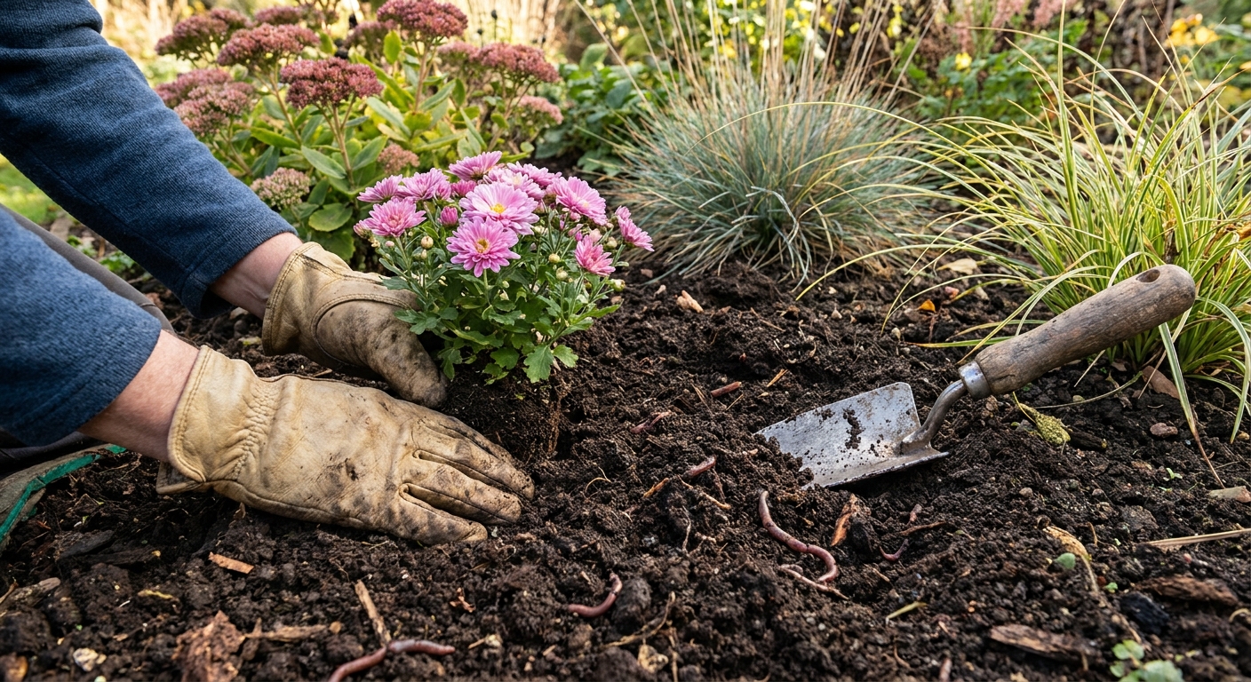 Gloved hands planting a small hardy chrysanthemum into a garden bed with dark compost-rich soil and a hand trowel nearby