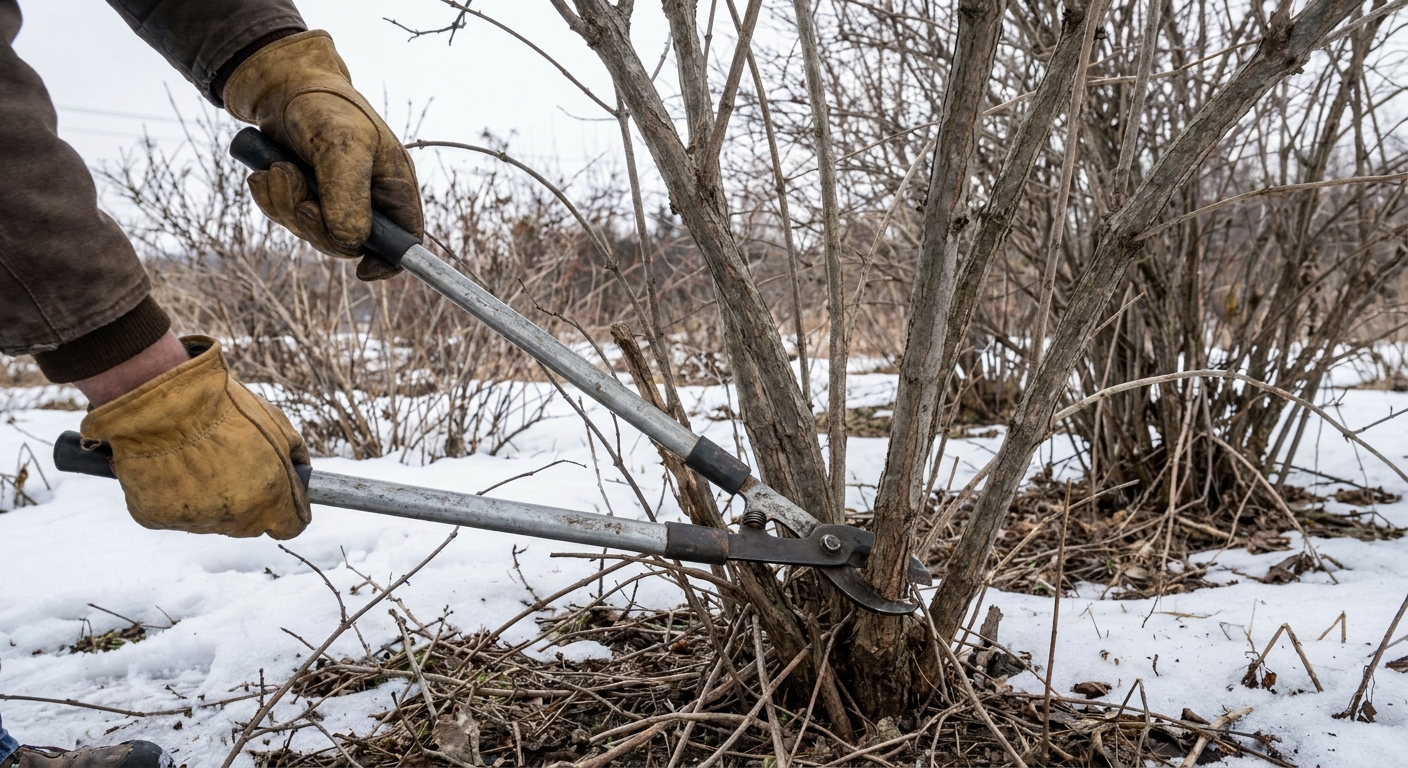 Gloved hands using pruning loppers to remove an older elderberry cane at the base in late winter