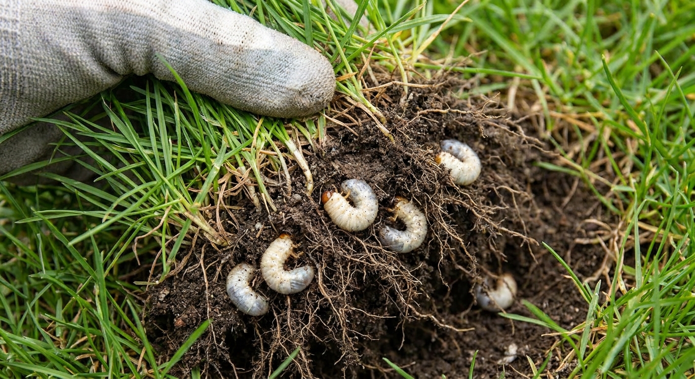 Grass parted to reveal several C-shaped white grubs curled in the root zone of the lawn
