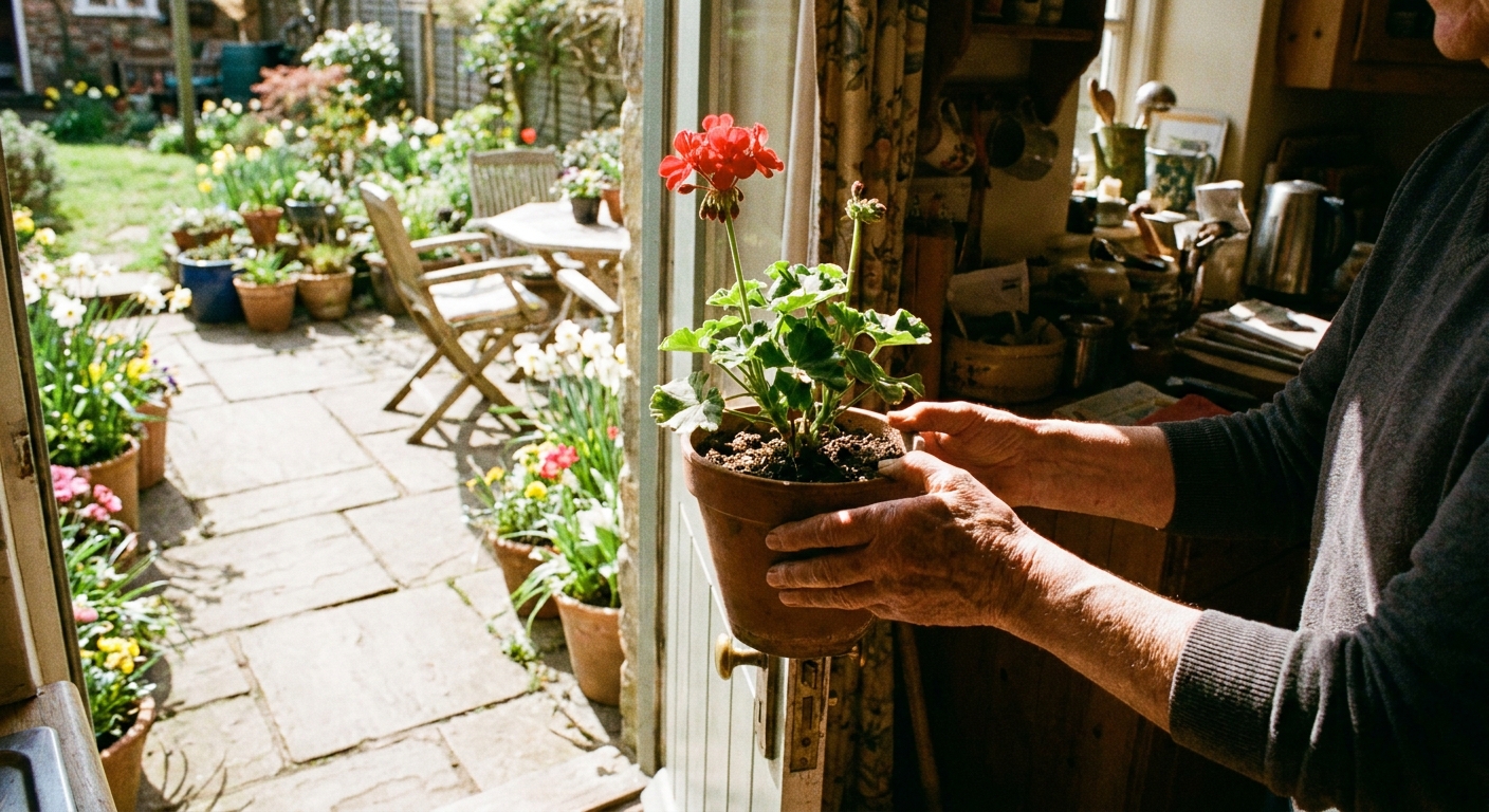Hands carrying a potted geranium from an indoor doorway onto a sunny spring patio, real photo