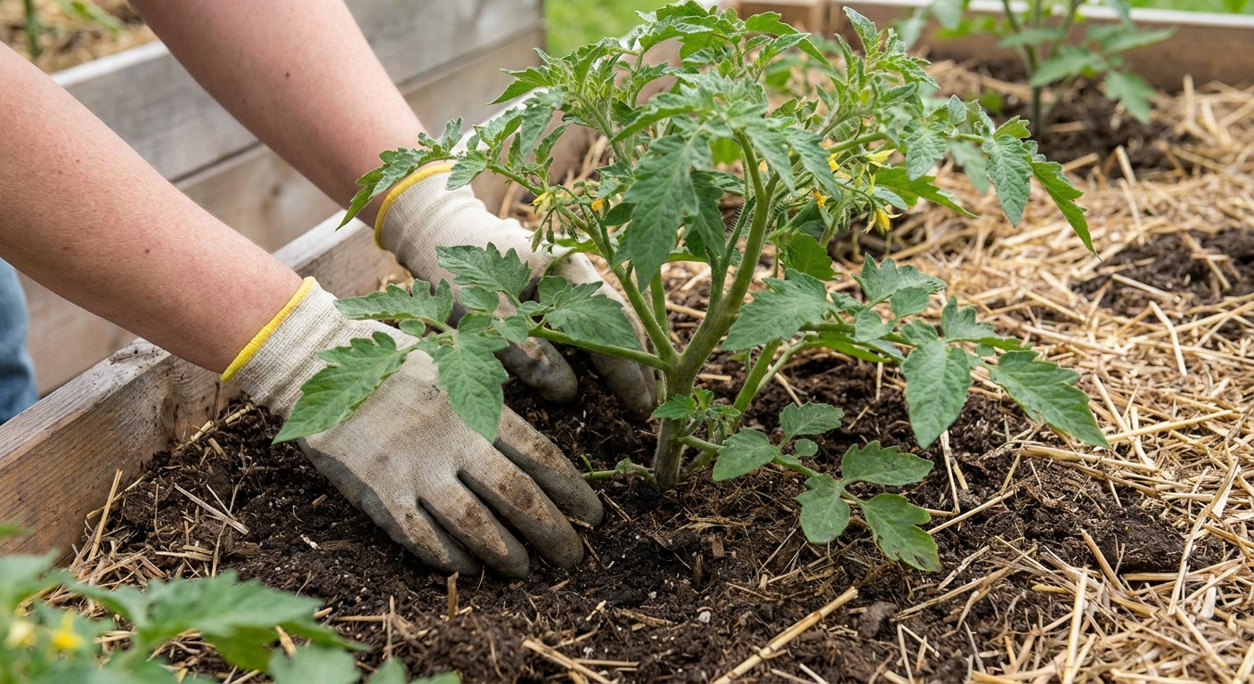 Hands gently inspecting the lower stem of a tomato plant near the soil line in a garden bed, real photo