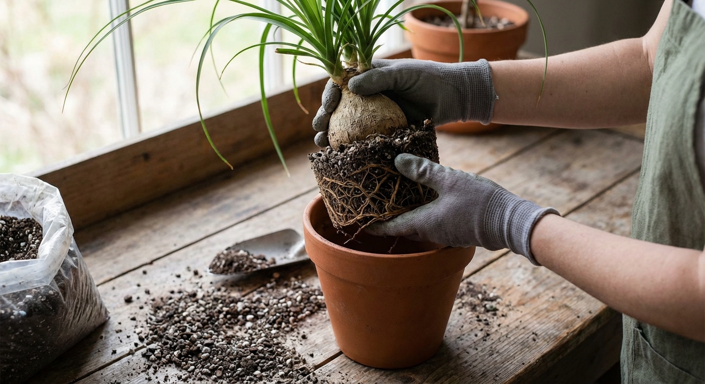 Hands gently lifting a ponytail palm from its pot on a potting bench, showing the bulb-like base and compact root ball, with fresh gritty soil nearby, natural light, photorealistic