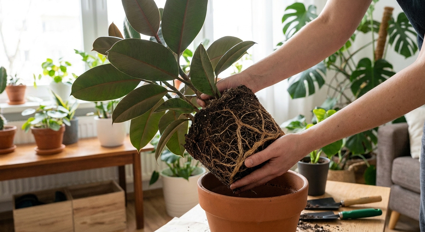 Hands gently lifting a rubber plant from its pot to inspect the root ball, showing soil and roots in a well-lit indoor space
