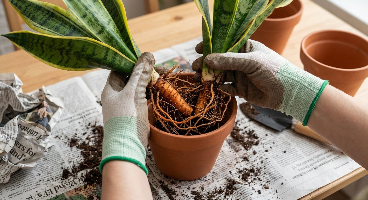 Hands gently lifting a snake plant from its pot, showing thick orange rhizomes and roots being separated into two clumps on a newspaper-covered table, photorealistic