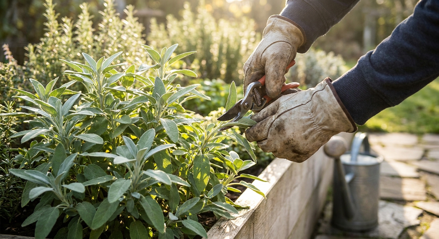 Hands gently pruning a sage plant with clean garden shears on a sunny morning, real photograph