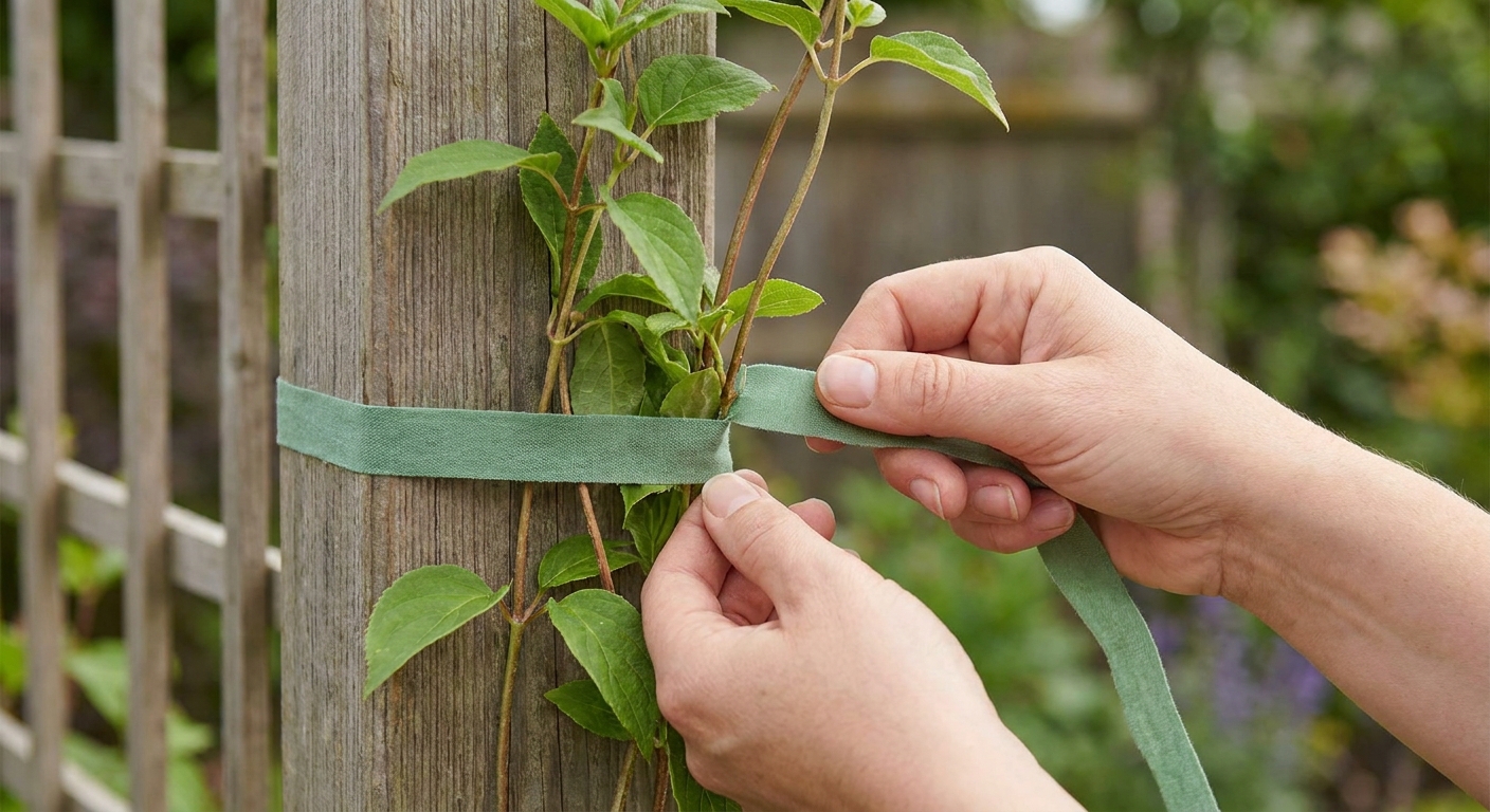 Hands gently tying young climbing hydrangea stems to a vertical trellis with soft green garden tape