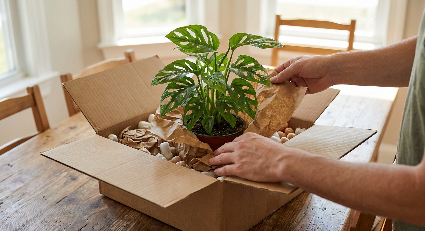 Hands gently unpacking a houseplant wrapped in paper from an open cardboard shipping box on a table, real photo style