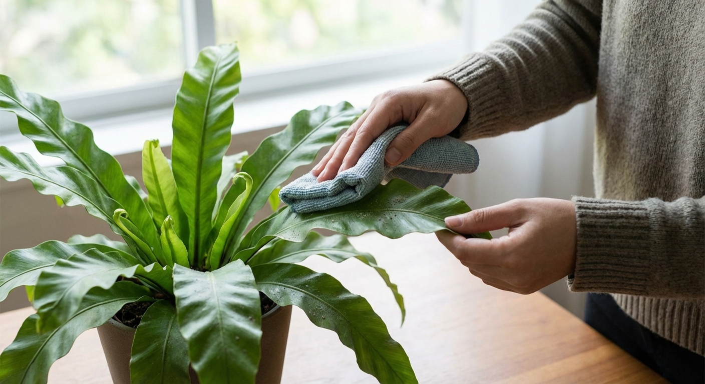 Hands gently wiping dust from a bird’s nest fern frond with a soft damp cloth, indoor natural light, photorealistic