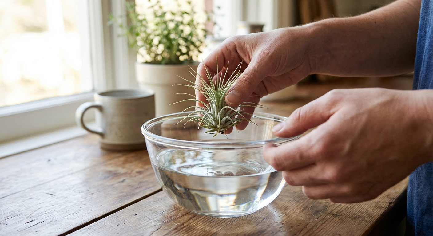 Hands holding a Tillandsia air plant being lowered into a clear glass bowl of water on a kitchen counter, natural daylight, photorealistic