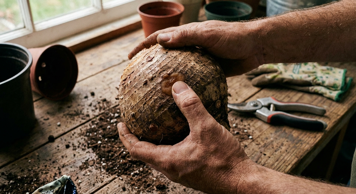 Hands holding a caladium tuber over a workbench while inspecting a small soft brown spot, with pruning shears nearby