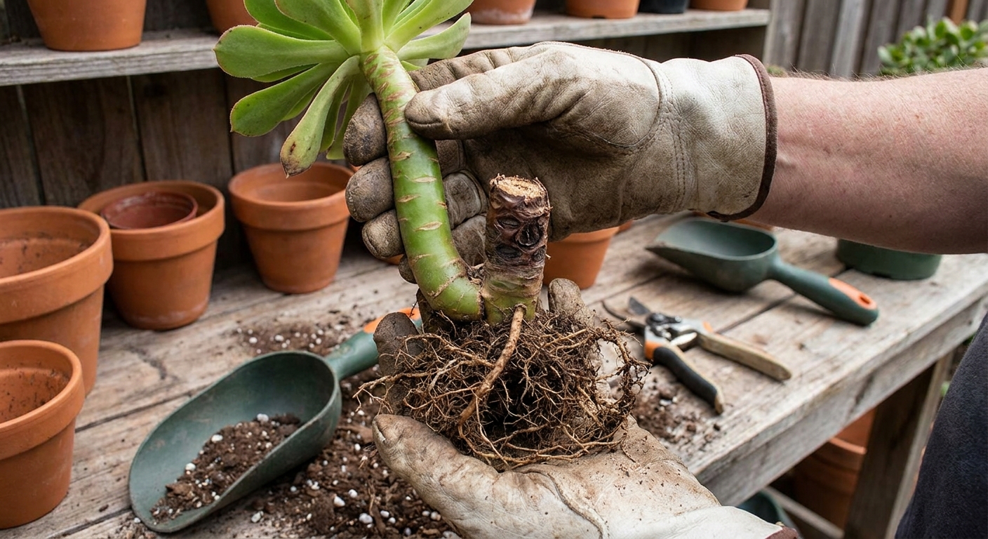 Hands holding an Aeonium with exposed roots over a potting bench, showing a firm green stem section and trimmed dark rotted tissue