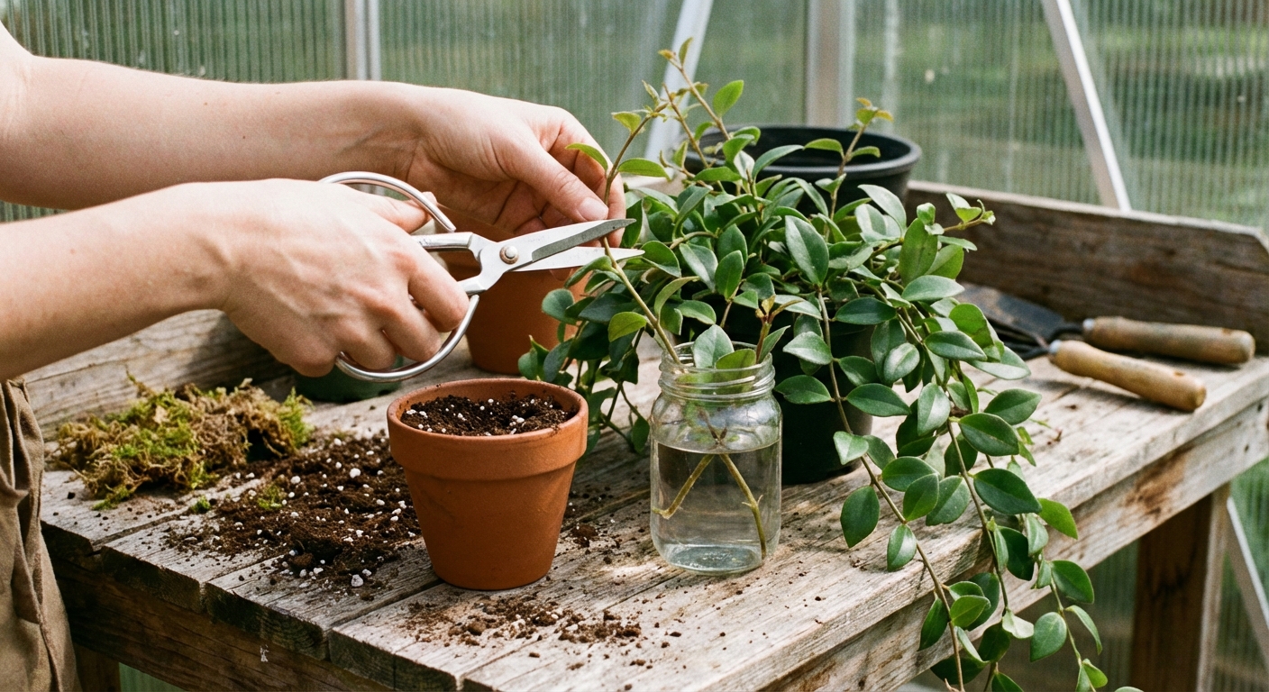 Hands holding clean scissors taking a stem cutting from a lipstick plant on a potting bench, with a small pot of soil and a glass jar nearby