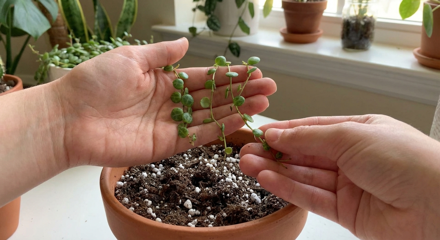 Hands holding small stem cuttings of String of Turtles above a pot filled with airy potting mix and perlite, with nodes visible on the cuttings, indoor natural light, realistic photography