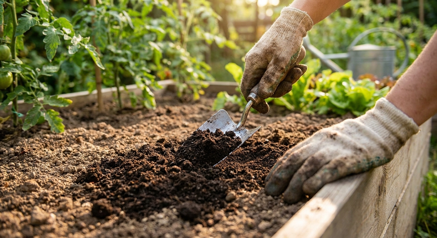 Hands mixing dark finished compost into a garden bed soil surface with a trowel, real photo in a backyard vegetable garden