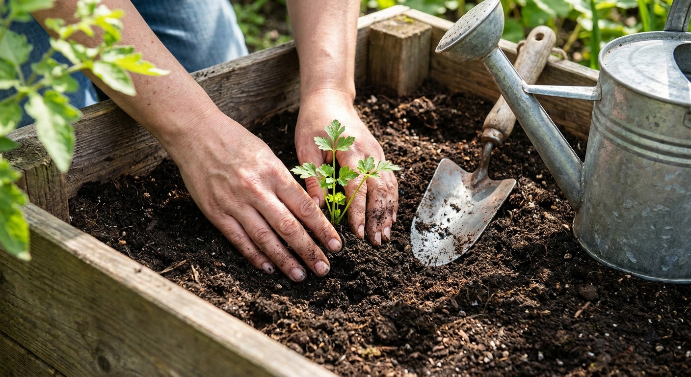 Hands planting a young parsley transplant into dark compost-rich soil in a raised garden bed, with a small trowel and watering can nearby, real-life gardening photo