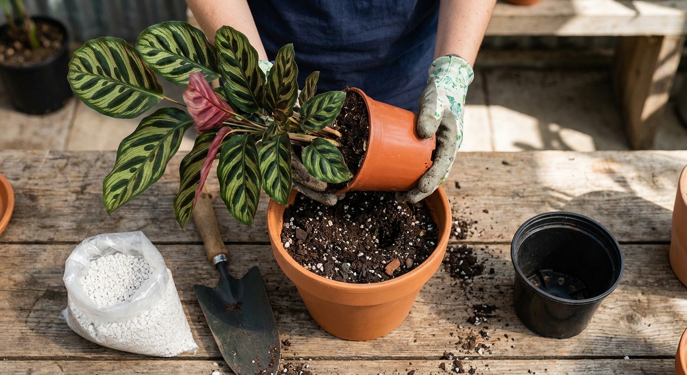 Hands repotting a Calathea into fresh chunky potting mix on a wooden table with a nursery pot and perlite nearby, real photo
