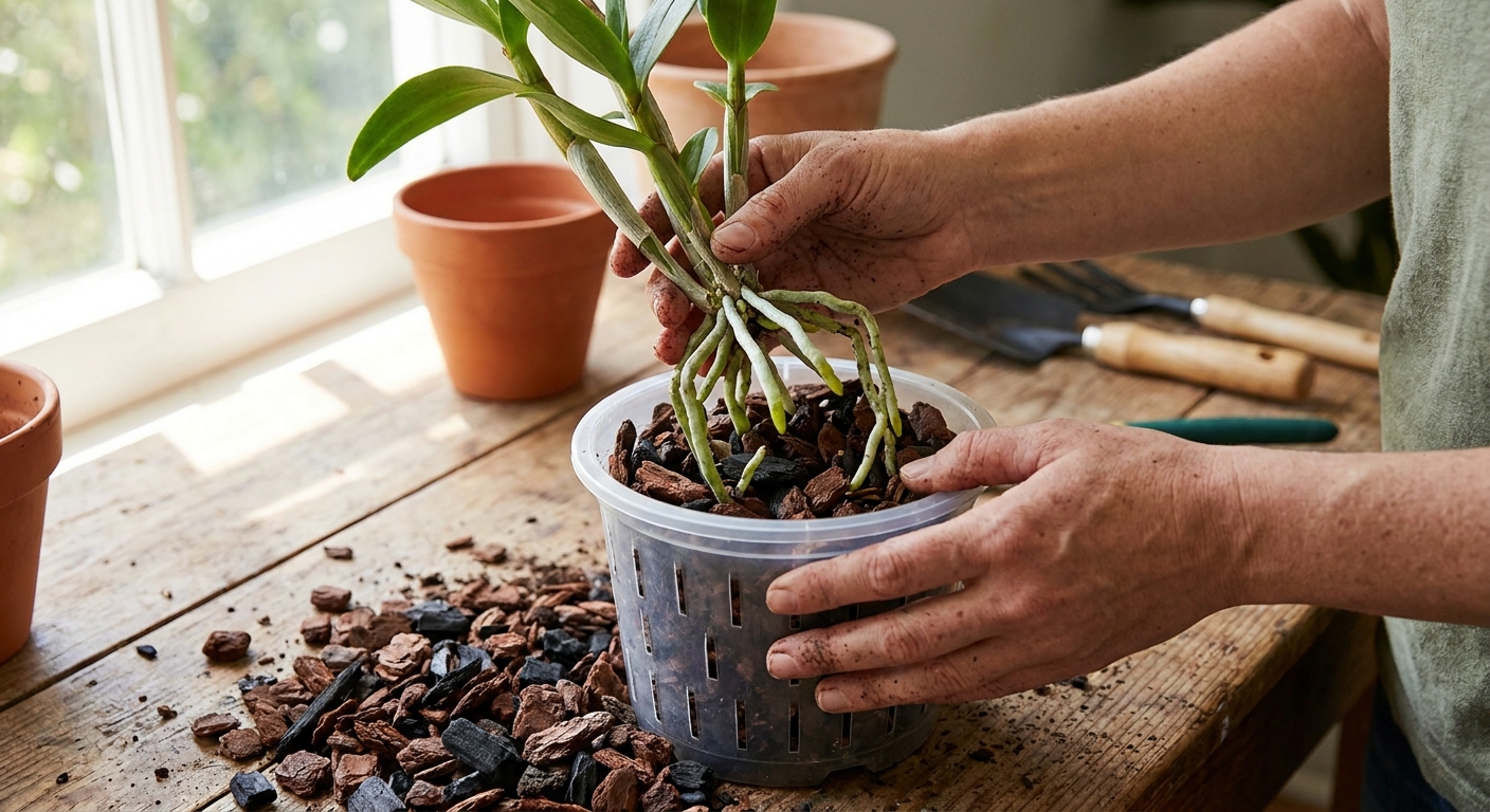 Hands repotting a Dendrobium orchid into a clear slotted pot with fresh chunky bark mix, roots visible and healthy, natural indoor photo