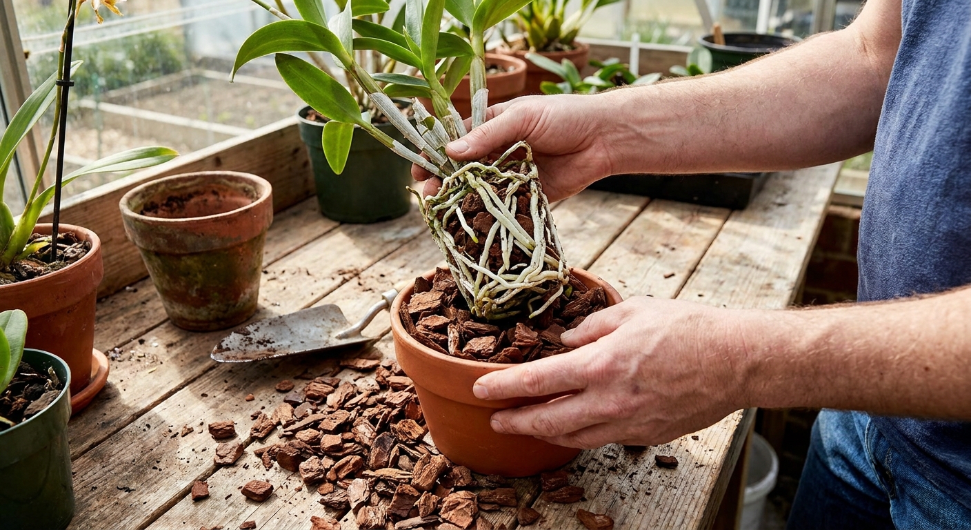 Hands repotting a Dendrobium orchid into a small pot filled with fresh chunky orchid bark, with healthy white roots visible