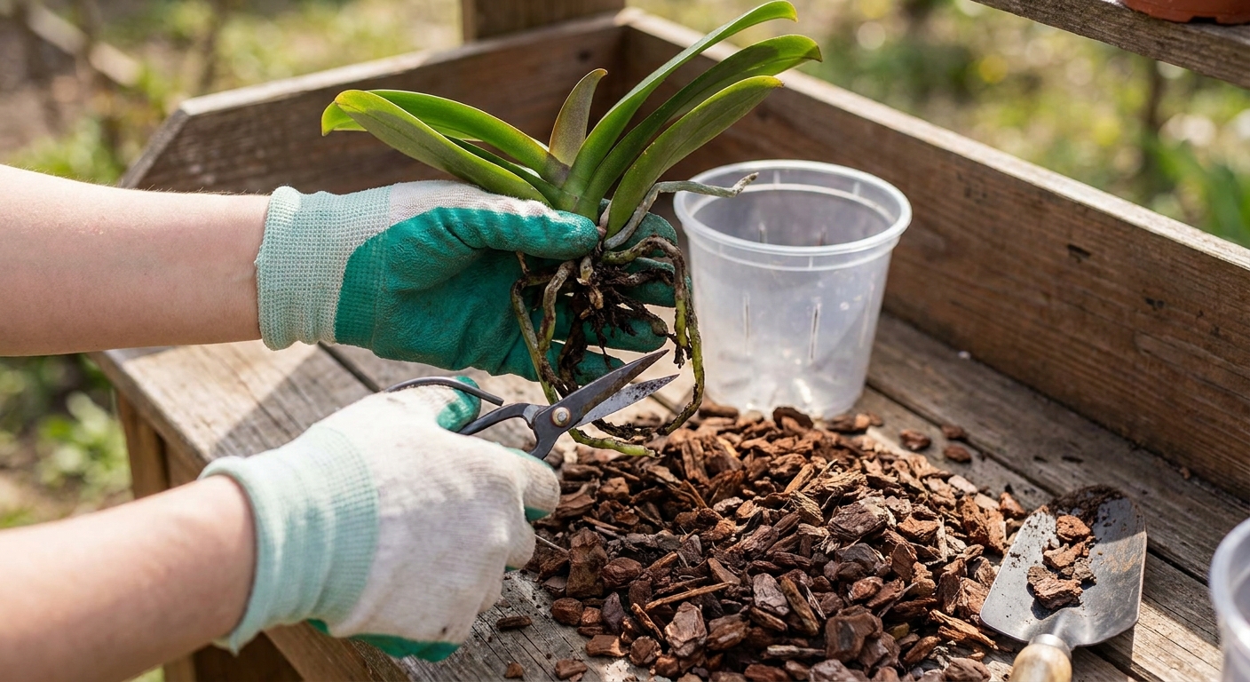Hands repotting a Phalaenopsis orchid and trimming brown mushy roots with scissors next to bark mix and a clear pot