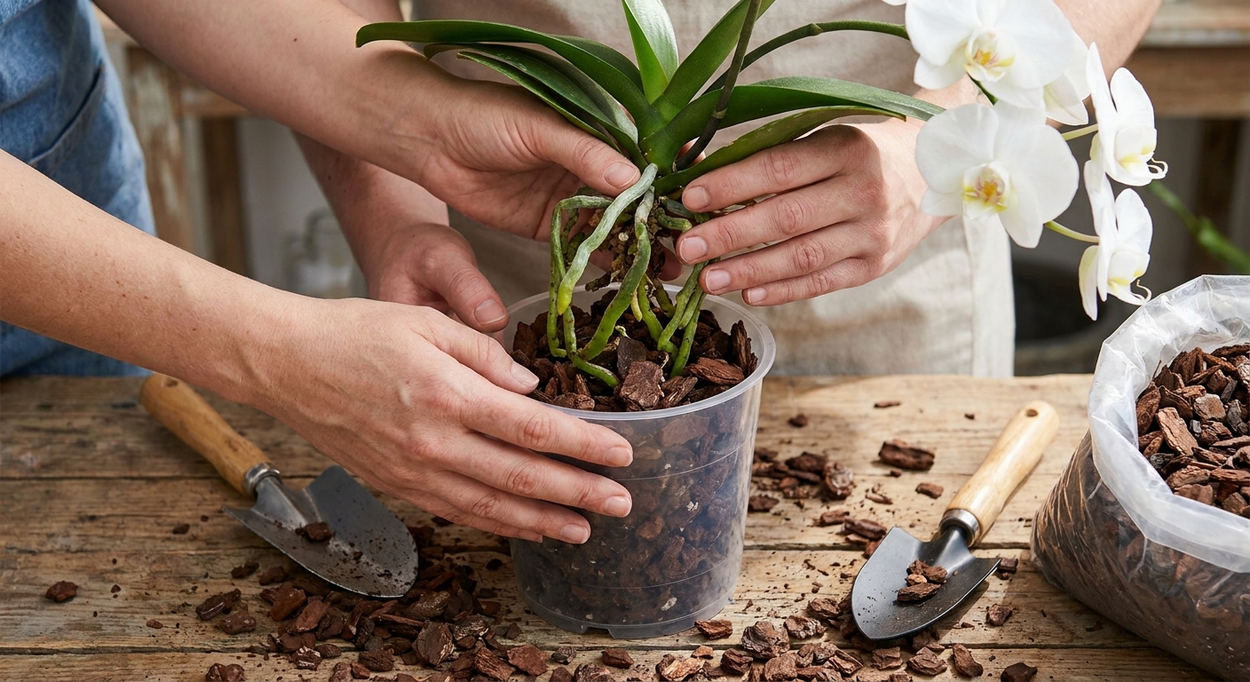 Hands repotting a Phalaenopsis orchid into a clear pot with fresh chunky orchid bark